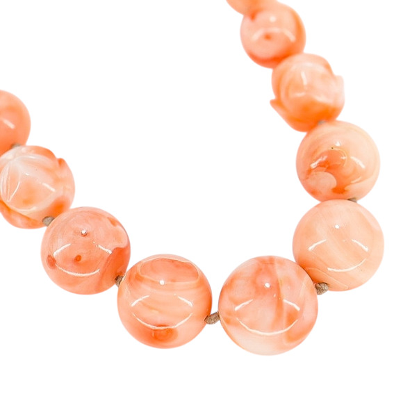 Salmon Pink Peach Momo Coral Necklace - New Strung w NOS Beads - 40g 18” - Picture 7 of 11